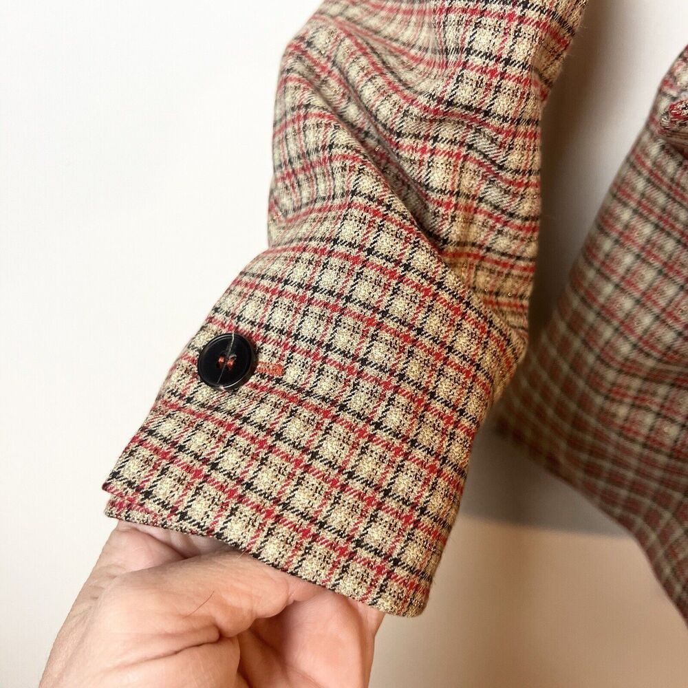 FRNCH Paris Plaid Blazer Jacket Tan Red Black Belted Women’s M - Picture 4 of 12